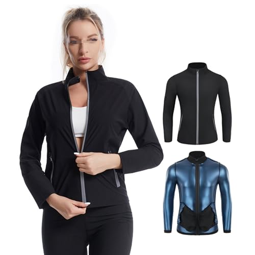 Sauna Suit for Women, Women's Sauna Jacket with Pockets, Slimming Burn Fat Tummy Control Training Workout Top Long Sleeve,S,Black
