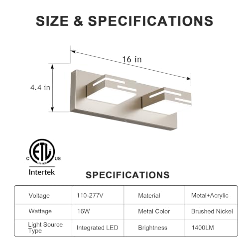 Image of LED Modern Bathroom Vanity Light Fixtures, Dimmable Brushed Nickel Vanity Lights for Bathroom Lighting Fixtures Over Mirror, with 360 Rotatable Acrylic Heads 2-Light 16-inch (Cool White 6000K)