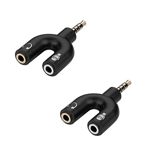 SIENOC 2packs 3.5mm Gold Plated Headphone Mic Audio Y Splitter Flat Cable Adapter 4 position to 2x 3 pole For iPhone, iPad, itouch(2 black)