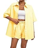 Rayson Conjunto de Mujer Dos Piezas a Rayas Verano Conjuntos Camisa Corto Oversize y Shorts de Cordón Completo Chandal para Casual Playa Trabajo(Amarillo, L)
