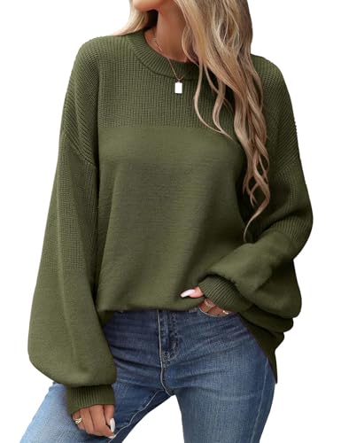 heekpek Damen Pullover Winter Strickpullover Dicke Warmer Winterpullover Rundhals Laterne Ärmel Lockerer Damenpullover Langarm Elegant Strickpulli Damen Sweater, Dunkelgrün, M