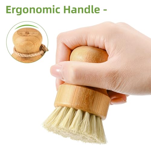 SUBEKYU Bamboo Dish Scrub Brushes, Kitchen Wooden Cleaning Scrubbers Set for Washing Cast Iron Pans/Pots, Set of 2