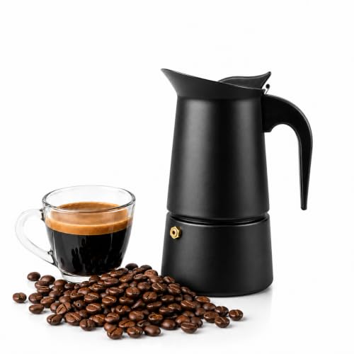 Image of Royal Swiss 4 Cup Moka Pot Espresso Maker, Stainless Steel Stovetop Coffee Percolator for Induction, Gas & Electric Hobs, Italian Coffee Maker, 300ml, Black