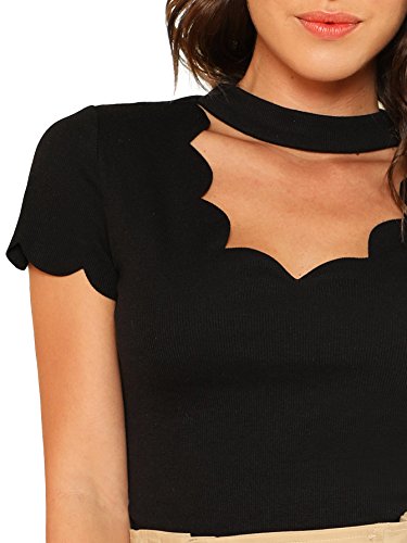 Romwe Women's Scalloped Cut Out V Neck Short Sleeve Sexy Tee Tops Black Small #TOP3