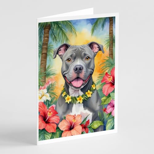 Caroline's Treasures Pit Bull Terrier Luau Greeting Cards Pack of 8 Blank Cards with Envelopes Whimsical A7 Size 5x7 Blank Note Cards