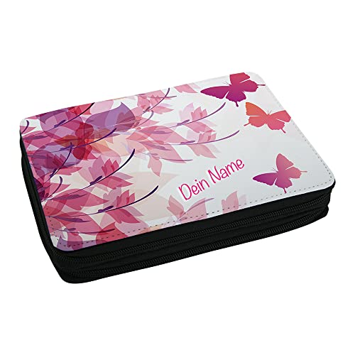 Eurofoto Schulmäppchen mit Namen und Motiv mit rosa Schmetterling | Federmappe personalisiert inkl. Stifte, Lineal, Radierer, Spitzer