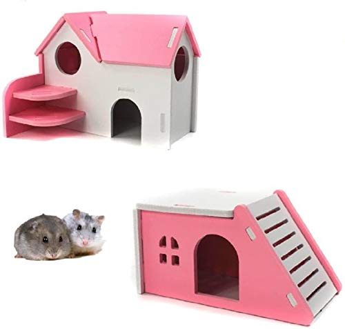 Wooden Hamster House,Hideout Hut Exercise Natural Funny Nest Toy(Pack of 2) (Pink)