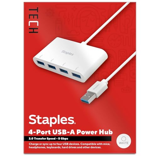 Staples TECH 4-Port USB 3.0 Hub, White, High-Speed Data Transfer