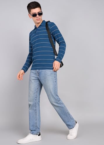 Image of INKKR Men Full Striped Polo Neck Cotton Blend T-Shirt