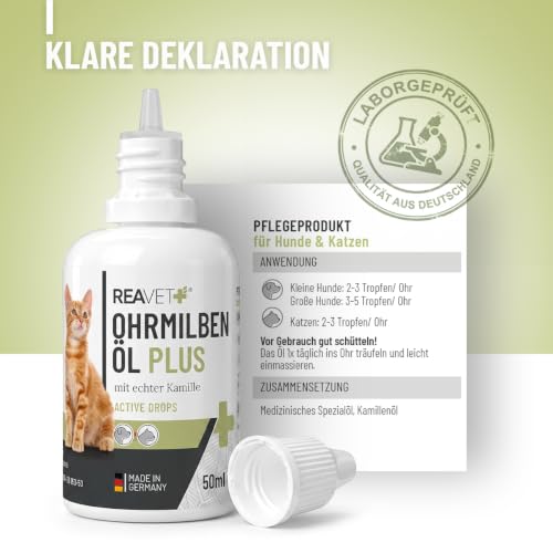 ReaVET Ohrmilbenöl Plus 50ml sofort wirksames Mittel für Katzen – gegen Ohrmilben mit Kamille für Katze, Sanfte Pflege bei Juckreiz im Ohr, Ohrentropfen Milben, Ohrenreiniger