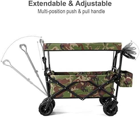 CASART Foldable Wagon Trolley, Collapsible Outdoor Cart with Adjustable Telescoping Bar, 4 Big Wheels, Removable Shade Canvas, Utility Garden Trolley for Shopping Groceries, Camping(Camouflage)