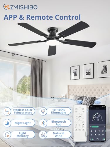 Image of ZMISHIBO 52 Inch Ceiling Fan with Light, App&Remote Control, Flush Mount Low Profile, Dimmable 20W LED Light, Quiet Reversible Motor for Bedroom, Living Room, Apartment, Black