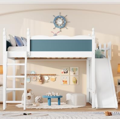 Image of Full Size Loft Bed with Storage Shelves, Cabinet & Detachable Slide and Ladders, Solid Wood Kids Loft Bed for Space-Saving, Playful & Organized Bedroom (Blue+Light White2, Full)