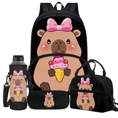 Jeiento Conjunto de mochila escolar personalizada 4 em 1, mochila capivara com lancheira, bolsa de caneta, suporte para garrafa de água mochila de viagem infantil, Capybara Icecream