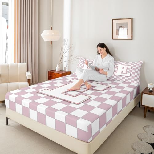 Image of Erosebridal Pink Initial E Bed Sheets King Kawaii Plaid Checkered Sheet Set Cute Personalized Monogram Bedding Set for Kids Girls Teen Women,Fashion Grids Gingham Fitted Flat Sheets 4 Piece