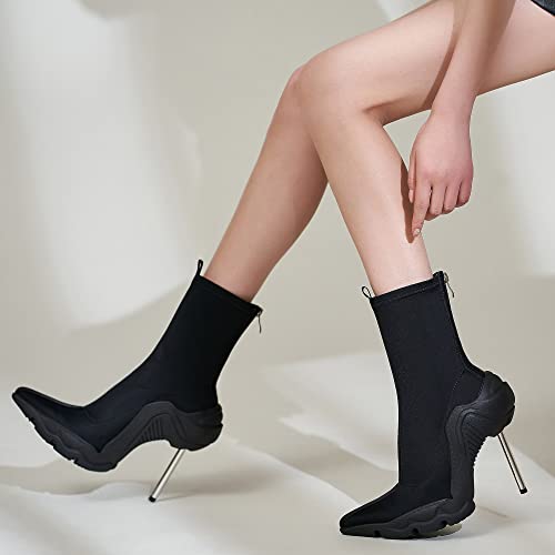Tsrenlmln Women's Ankle Boots High Heel Boots For Women Stiletto Heel Boots Fashion Pointed Toe Ankle Booties For Women Womens Elastic Fabric 8Cm Heel Pull-On High Heel Booties Black Boots For Women 8 In #TOP5