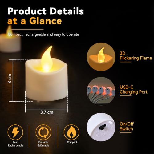 Image of JOSU Rechargeable Flameless Tea Lights Candles with Remote Timer, Battery Operated LED Tealight Candles with 2 x 6-Port USB-C Cable for Votive Wedding Table Centerpiece Home Aniversary Decor, 12-Pack