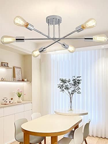 Mid Century Ceiling Light Fixture,Adjustable 6-Light Sputnik Chandelier,Semi-Flush Mount Pendant Lighting,Industrial Vintage Lighting Fixtures Plating Finish for Kitchen Dining Room Bedroom Foyer…