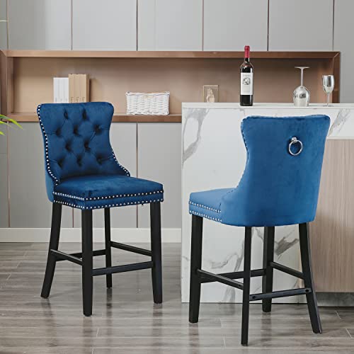Image of Virabit Velvet Counter Height Bar Stools Set of 2, 27 inch Padded Bar Stool with Button and Nailhead Decoration, Bar Stool with Back and Wooden Legs(Blue)