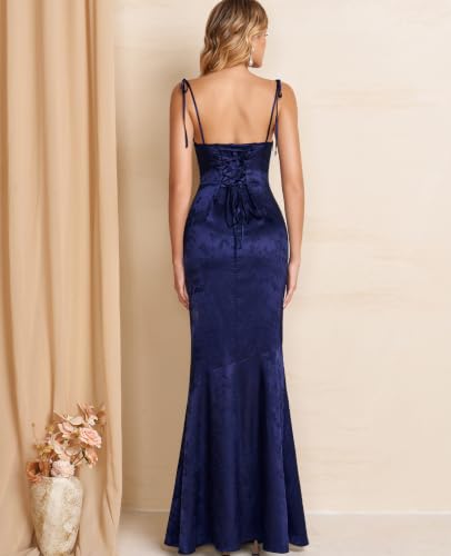 Image of GLNEGE Wedding Guest Maxi Prom Dress Lace Up Satin Formal Dresses for Women | Spaghetti Strap Cocktail Elegant Bridal Shower Wgute Dress Bodycon Mermaid Long Evening Black Tie Dresses for Women