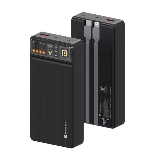 Portronics Luxcell Bind 20k 20000mAh Powerbank with 22.5W Fast Charging, in-Built Type C PD(Input & Output) /8 Pin Cable, LED Indicator, USB-A Mach Output, Compatible with Smartphones,Tablets(Black)