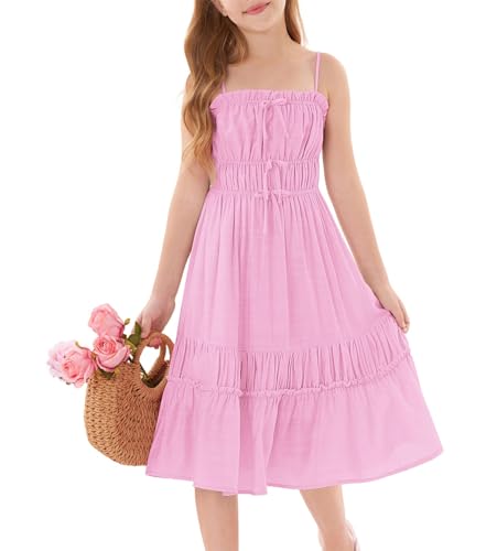 GRACE KARIN Mädchen Lässiges Trägerkleid Elegante Eckiger Ausschnitt A-Linie Midikleid Rosa 12 Jahre
