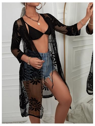 SOLY HUX Swim Cover Up for Women Sheer Mesh Embroidery 3/4 Sleeve Open Tie Front Kimono Swimsuit3