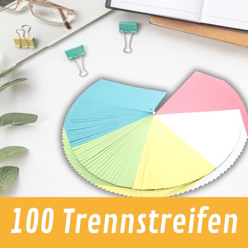 perfect line - 100 Trennstreifen für Ordner A4, Trennblätter aus Recycling-Karton, Made in Germany, 5 Farben, gelocht, Blauer Engel zertifiziert