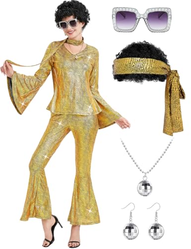 Lydoesy Women 70s Disco Costume 8 PCS Disco Outfit for Halloween Cosplay Party