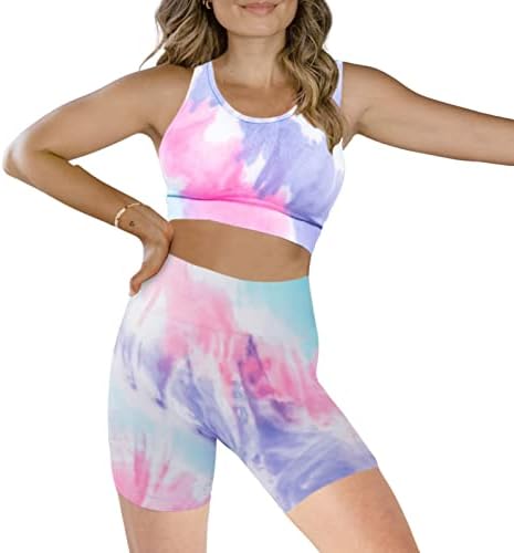 MAXXIM Tie Dye Workout Outfits for Women 2 Piece Seamless High Waist Shorts with Sports Bra Set Purple Sunset Large