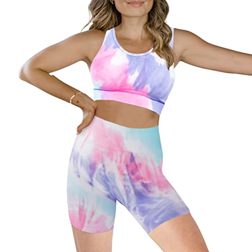 Maxxim Tie Dye Workout Outfits For Women 2 Piece Seamless High Waist Shorts With Sports Bra Set Purple Sunset Large #TOP3
