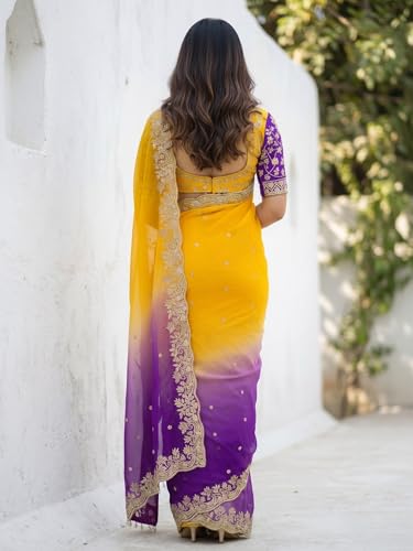 Image of Amazon Brand - Tavasya Fancy Fendy Satin Silk Saree with Multi Sequence Embroidery Work | Heavy Embroidered Wedding Party look Saree with Running Blouse Piece