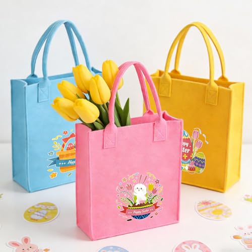 3 Stück Ostern Filztaschen Geschenktaschen,Ostertasche mit Henkel,Osternest mit Hase,Ostertüten Aufbewahrung,Osterkörbchen zum Befüllen,Oster Geschenktüten für Eiersuche Blumen Partyzubehör Dekoration