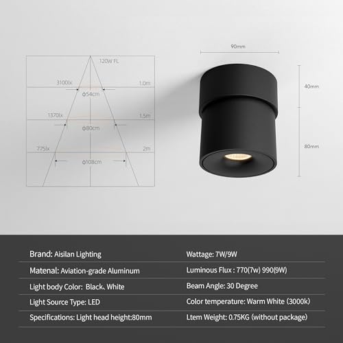 Image of Aisilan LED Ceiling Spot Light Indoor Dimmable 2 Pack, 7W Black Directional Accent Light, Adjustable Modern Spotlight Flush Mount, Warm White CRI 97, for Living Room Bedroom