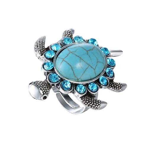 Bague tortue turquoise argent 925 de style vintage et cristal bleu