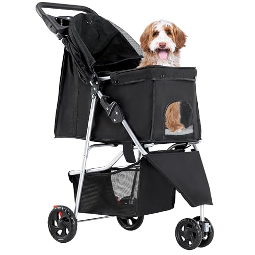 KMFurnila 3 Wheel Pet Stroller for Dogs and Cats Foldable Lightweight and Durable Ideal for Small to Medium Pets Includes Storage Basket and Cup Holders