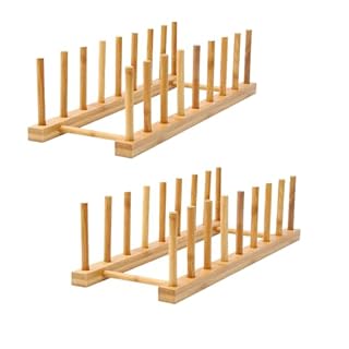 2PCS Bamboo Dish Rack, 8 Slots Wooden Plate Rack, Dish Stand Holder Vertical Drainer Kitchen Cabinet Organizer for Dish, Pots, Lids, Bowls, Cups,Cutting Board and More