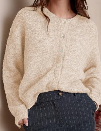 Image of Ynhonra Womens Cardigan Sweater Front Button Loose Y2k Long Sleeve Crewneck | Lightweight Knit Ribbed Hem