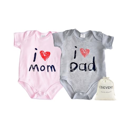 Image of CREVENT Set for Newborns 0-3 Month 100% Cotton Bodysuit- I Love Dad & Mom Onesie 2 Packs (Grey & Pink Rompers with a Cotton Gift Bag)
