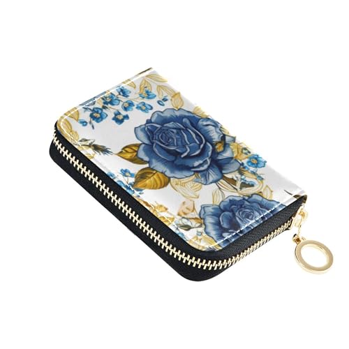 Small Women's Wallet Cute Card Holder Wallets RFID Blocking Leather Coin Purse Wallet with Zipper Dark Blue Vintage Roses Golden