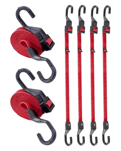 Image of 36 inch Flat Adjustable Bungee Cords with Hooks, 3X Faster to Adjust the Length | LUCKY STRAPS 6 Pack Red Heavy Duty Bungee Straps for Cargo, Camping, Bike, Truck, Roof Rack, Motorcycle, Outdoor Use