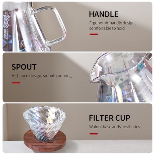 Image of Bincoo Pour Over Coffee Maker&Dripper, Style Cone Filter + 600ml Glass Coffee Server, Manual Coffee Brewer Set, Reusable Coffee Filter Holder, Great Gift for Coffee Enthusiasts(Colorful)