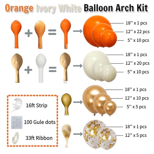 Double Stuffed Orange Balloon Arch Kit with Ivory & Metallic Gold – 150pcs Gold Confetti Garland 5/12/18 Inch for Fall, Halloween, Little Cutie Baby Shower, Wedding, Birthday Decorations