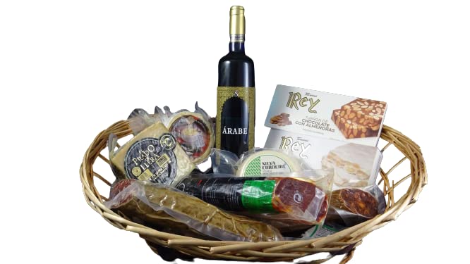 Cesta de Regalo para Empresas con Vino Blanco Árabe, Torta de la Serena, Caña de Lomo Ibérico, Queso de Cabra Acehuche – Corazón Extremeño