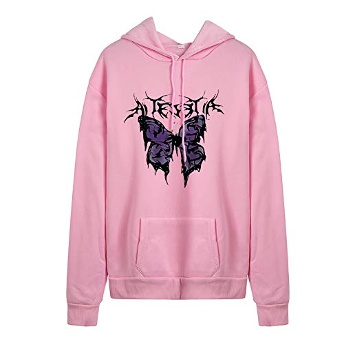 Sudadera con capucha para adolescentes, chicas, mariposa, con capucha, de manga larga, para hip hop, ropa de calle, vintage, suelta, de 90, Y2k, moda electrónica, para otoño e invierno, Rosa., XL Cover