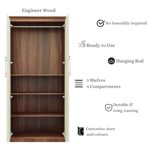 Image of AAVATAR 2-Door Wood Wardrobe with Shelves and Hanging Space for Bedroom, Wardrobe for Clothes, 2 Door Without Mirror (Colour - White & Yellow, Size 75 X 30 X 19 Inch)