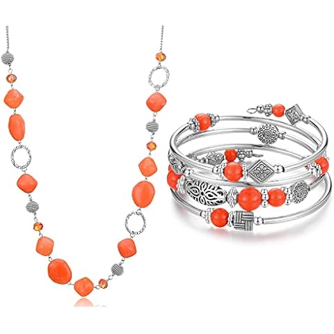 BULINLIN Beaded Long Silver Necklace Layered Wrap Bangle Bracelet Set Cover