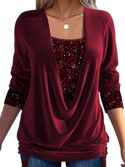 GAGFDA Sequin Loose Smocked Fake Two-Piece Top, Evening Tops Women Long Sleeve V Neck Solid Plus Size Loose Sequin T Shirt,for Party (Red,M)