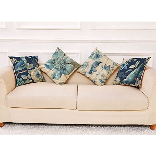 BCKAKQA Throw Pillow Covers Set of 4 Navy Blue Cushion Covers 45cm x 45cm with Floral and Birds Linen Square Decorative Throw Pillow Cases for Living Room Sofa Couch Bed Pillowcases 18 x 18 inch - Image 2