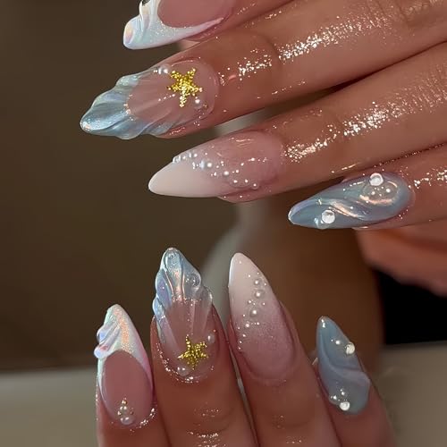 Image of Ocean Shell Press on Nails French Tip Fake Nails with Star Pearl Design 3D Summer Glue on Nail Medium Almond False Nail Glossy Artificial Acrylic Full Cover Stick on Nails for Women Manicure 24Pcs